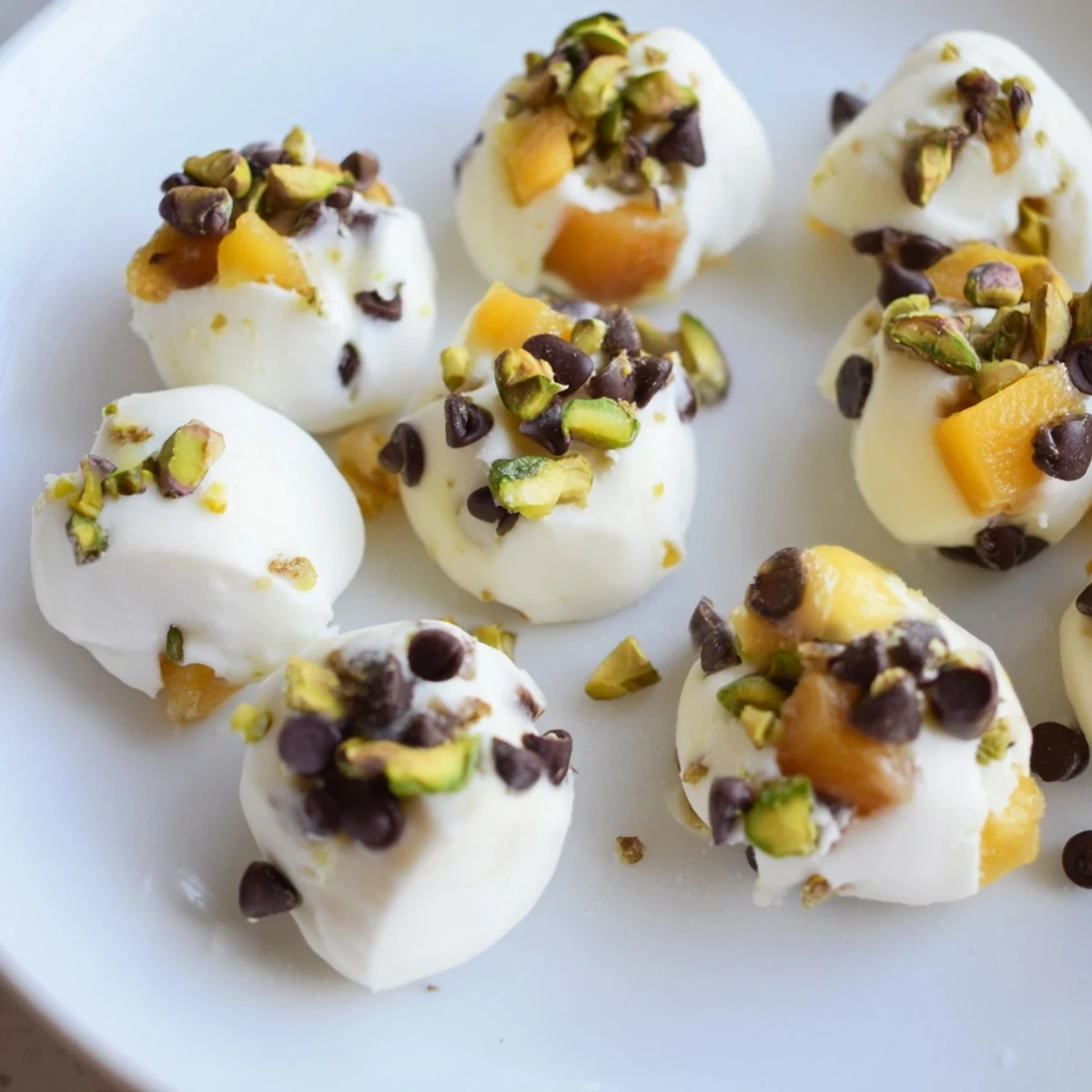 A batch of homemade Frozen Peach Yogurt Bites, beautifully arranged, ready to enjoy as a summer snack.