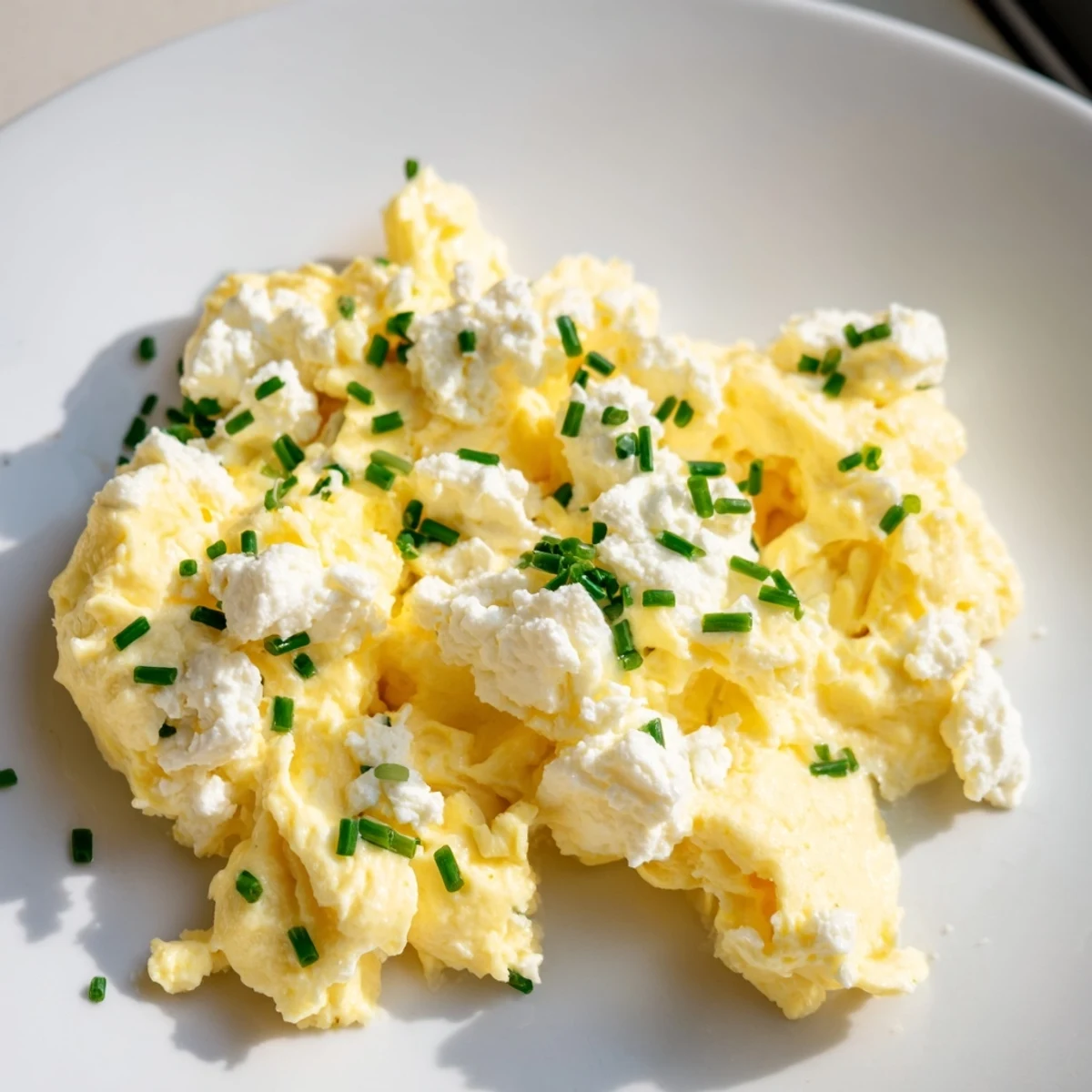 Fluffy Cottage Cheese Scrambled Eggs, a high-protein breakfast, ready with fresh chives sprinkled on top.