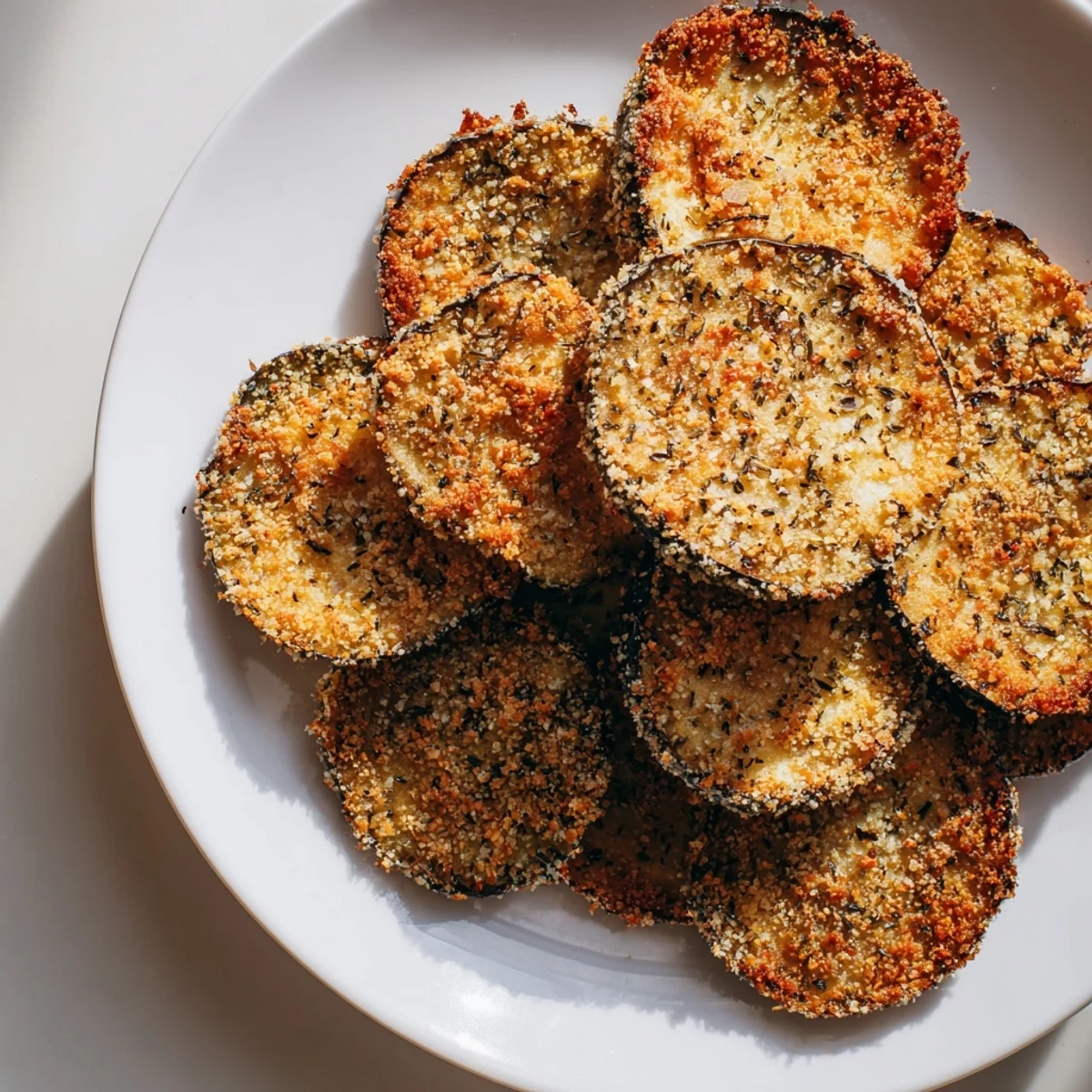 Golden-brown Crispy Eggplant Parmesan Chips perfectly stacked, ready for dipping into marinara.