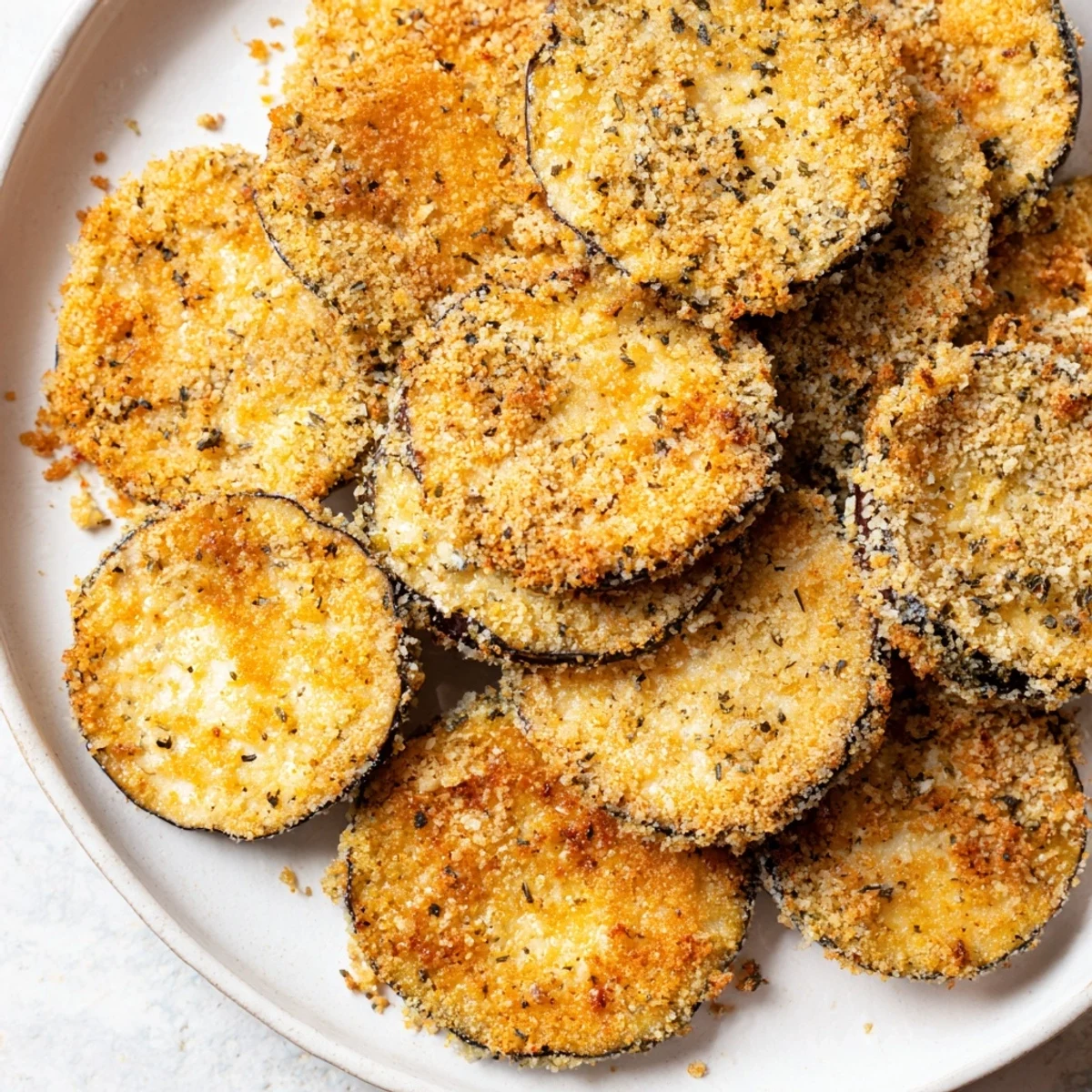 Close-up of baked, crispy Eggplant Parmesan Chips, showing the texture of the breading and herbs.