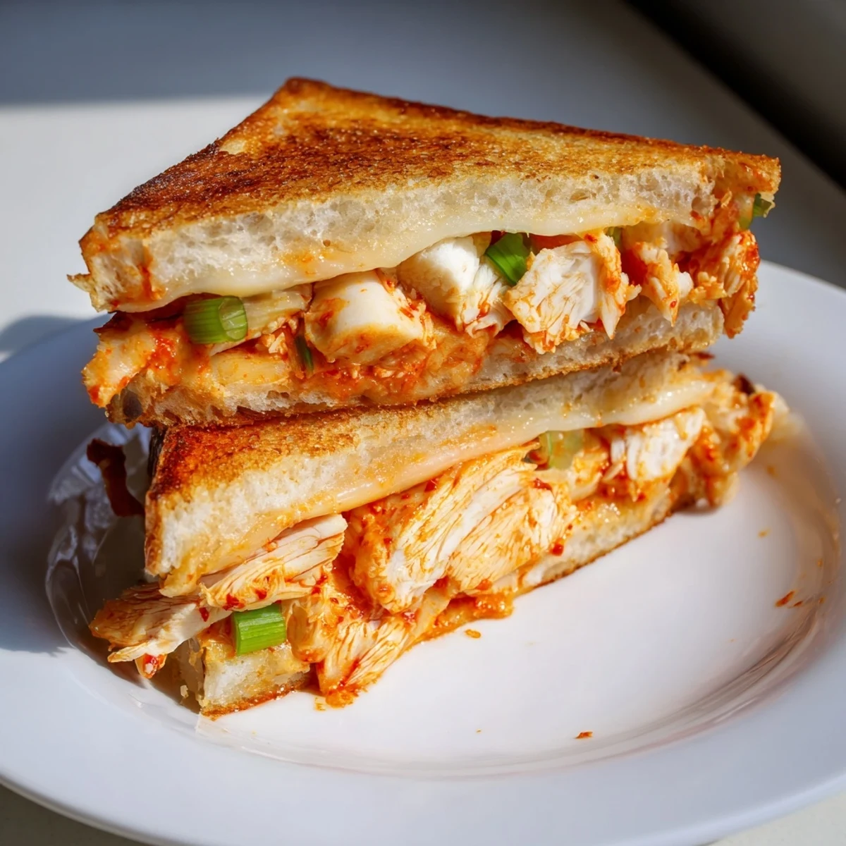 Sizzling Gochujang Mayo Chicken Sandwich grilled cheese, Korean-inspired, oozing cheese and savory chicken.