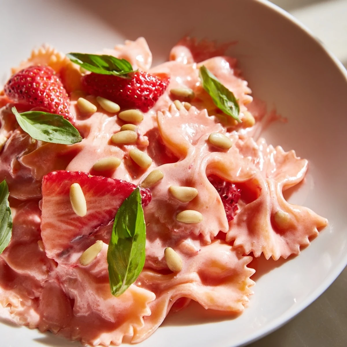 Creamy Strawberry Sour Cream Pasta, garnished with fresh basil, is a stunning summer meal.
