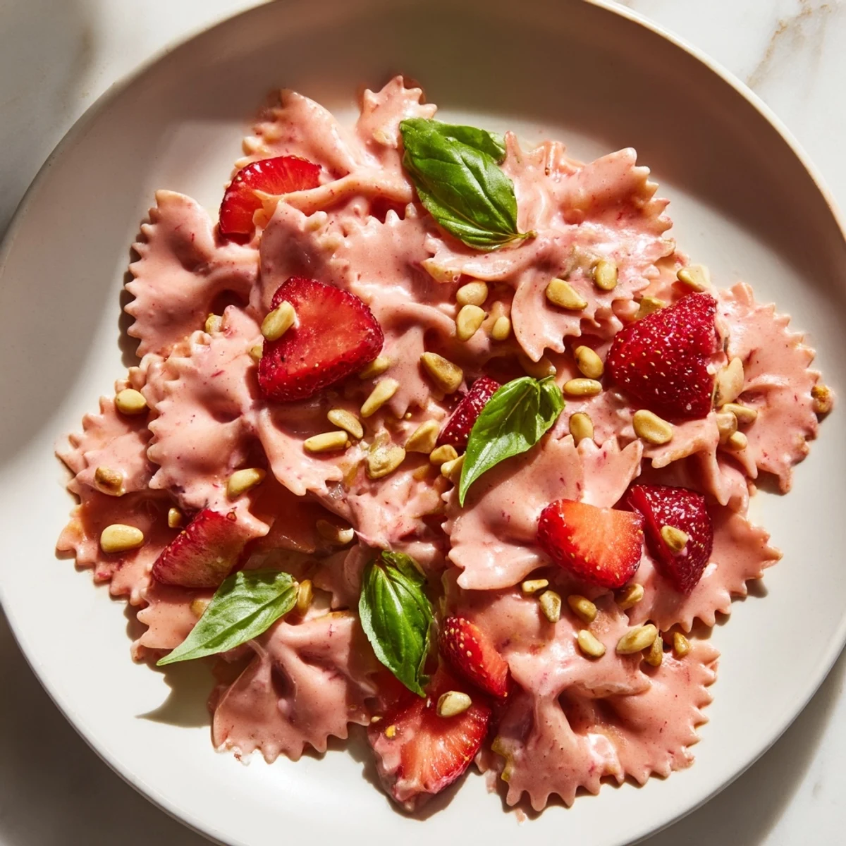 Plate of warm Strawberry Sour Cream Pasta is seen, with fresh basil and strawberry slices on top.