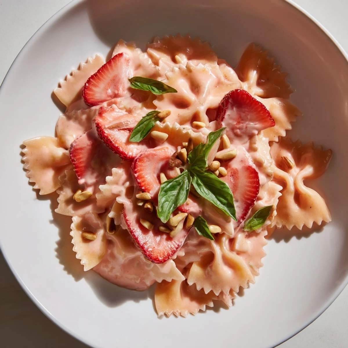 This Strawberry Sour Cream Pasta features a vibrant pink sauce, perfect for a light vegetarian dinner.