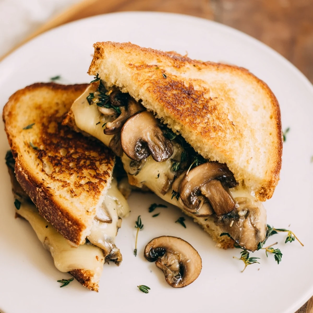 Golden, crispy Creamy Mushroom Grilled Cheese sandwich filled with melted cheese and savory mushrooms.