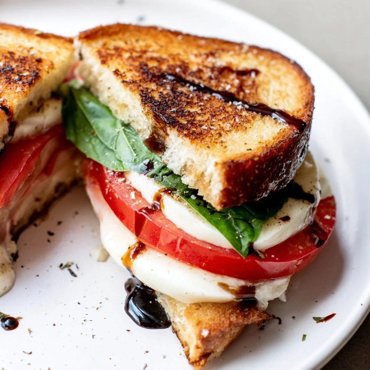 Golden-brown Caprese Salad Grilled Cheese oozes melted mozzarella, ripe tomatoes, and fresh basil.