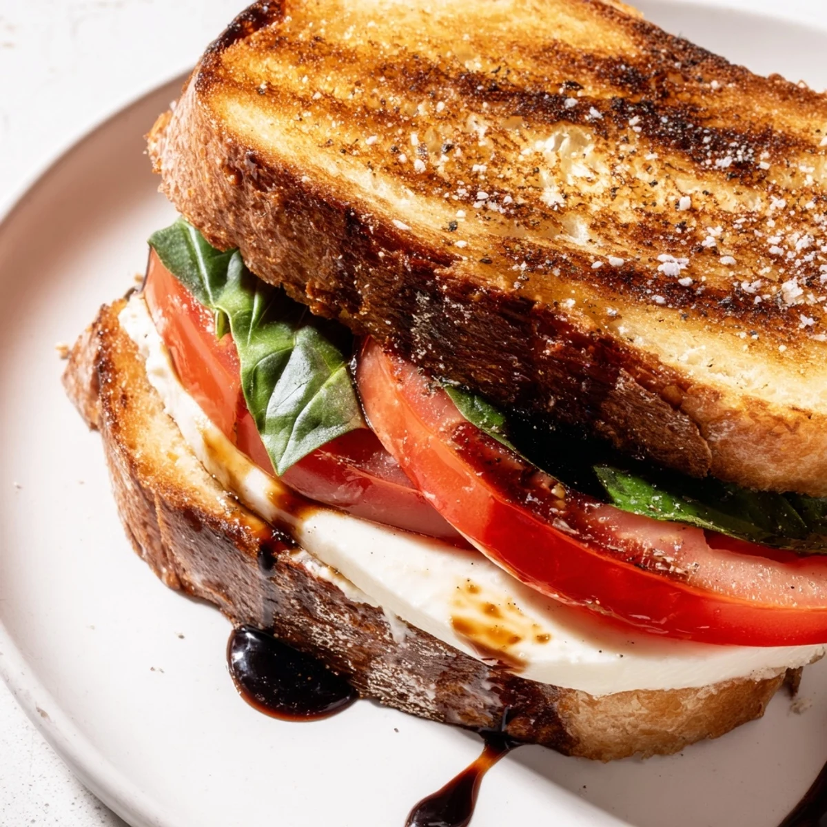 Melting mozzarella in a Caprese Salad Grilled Cheese sandwich, a flavorful Italian-American classic.