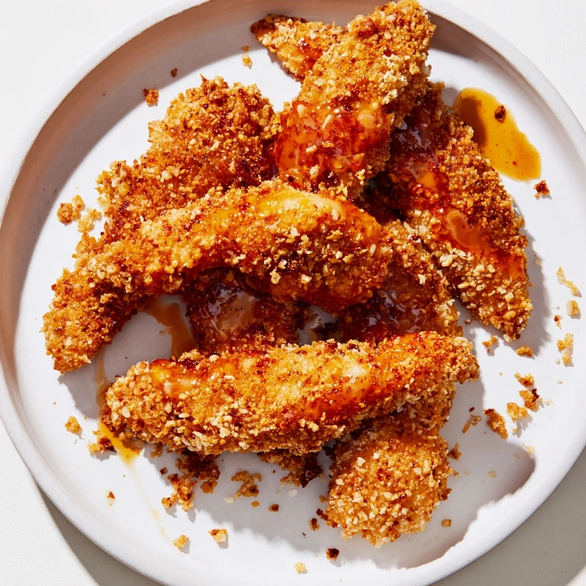 Golden-brown crispy panko chicken tenders drizzled with fiery hot honey, ready to savor.