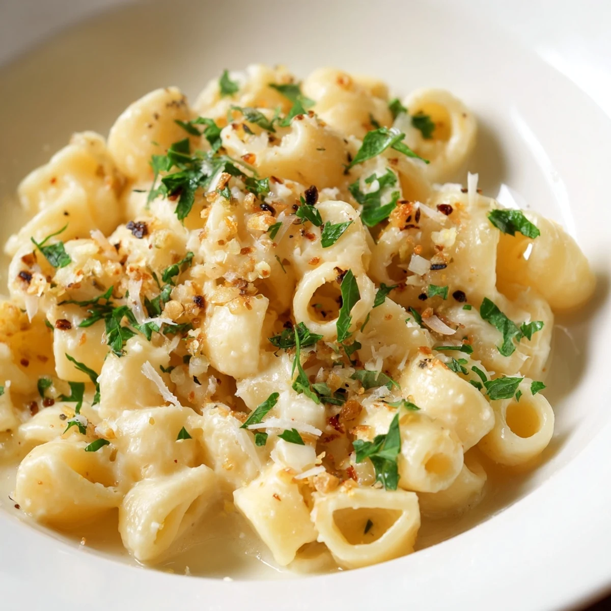 Ditalini pasta in creamy garlic sauce, garnished with fresh parsley and Parmesan cheese on a plate.