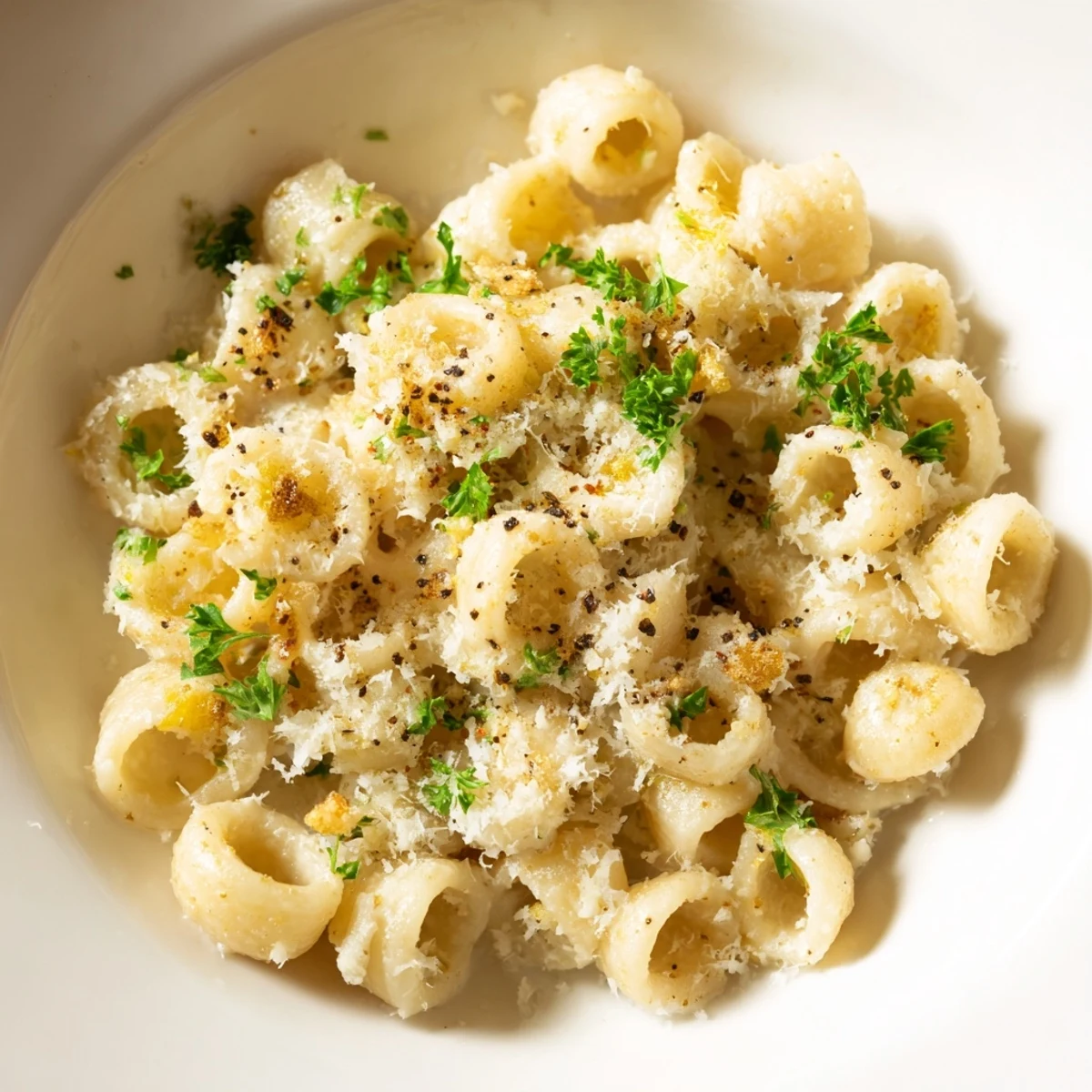 A comforting bowl of creamy garlic ditalini pasta, ready for a delicious vegetarian dinner.