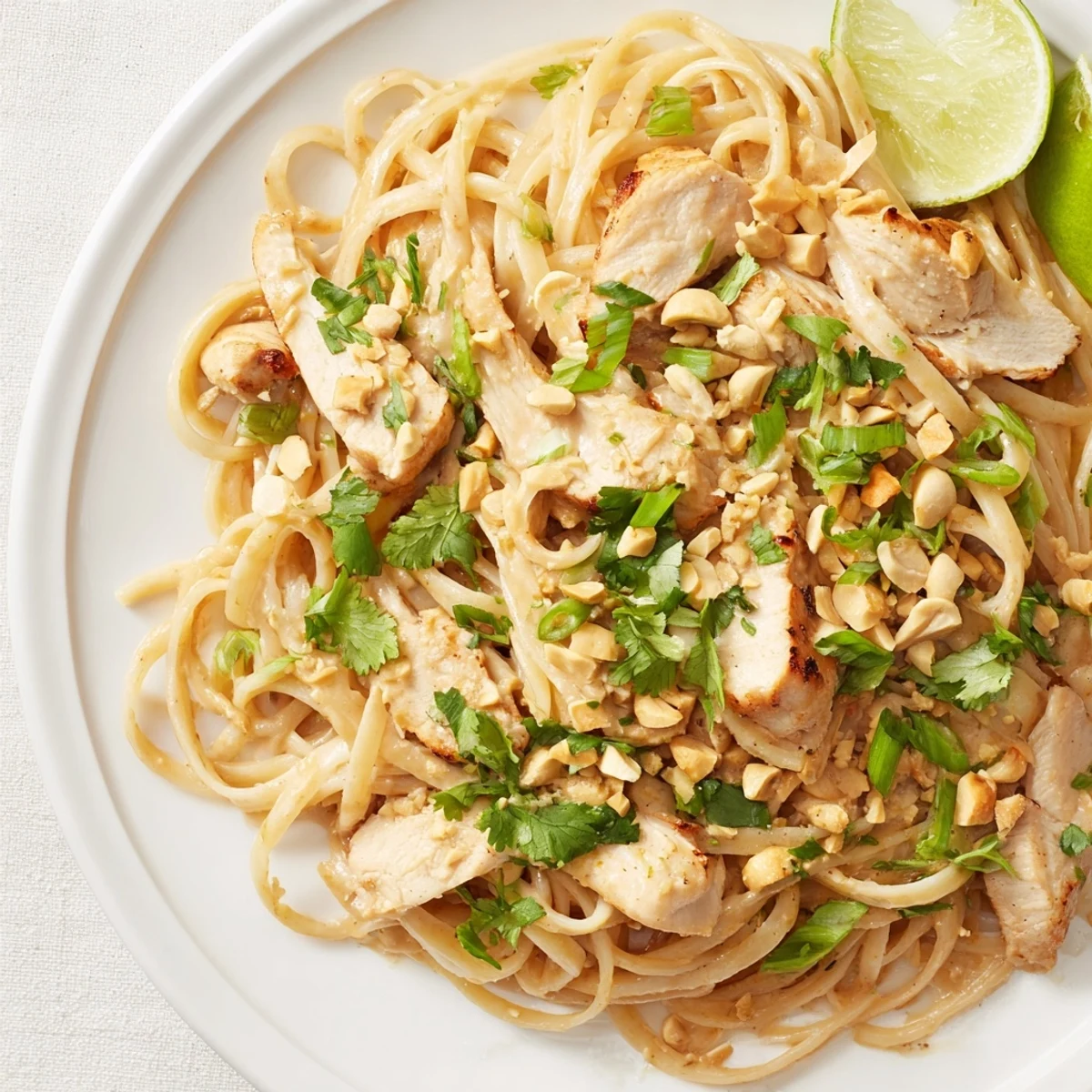 Perfectly plated Thai Peanut Chicken Pasta: a flavorful and simple weeknight dinner ready to enjoy.
