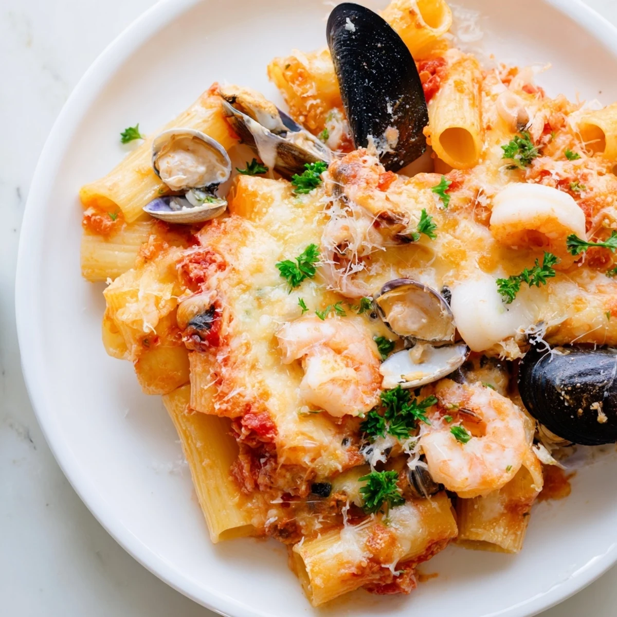 Golden-topped seafood pasta bake, a bubbling casserole with creamy tomato sauce and cheesy goodness.