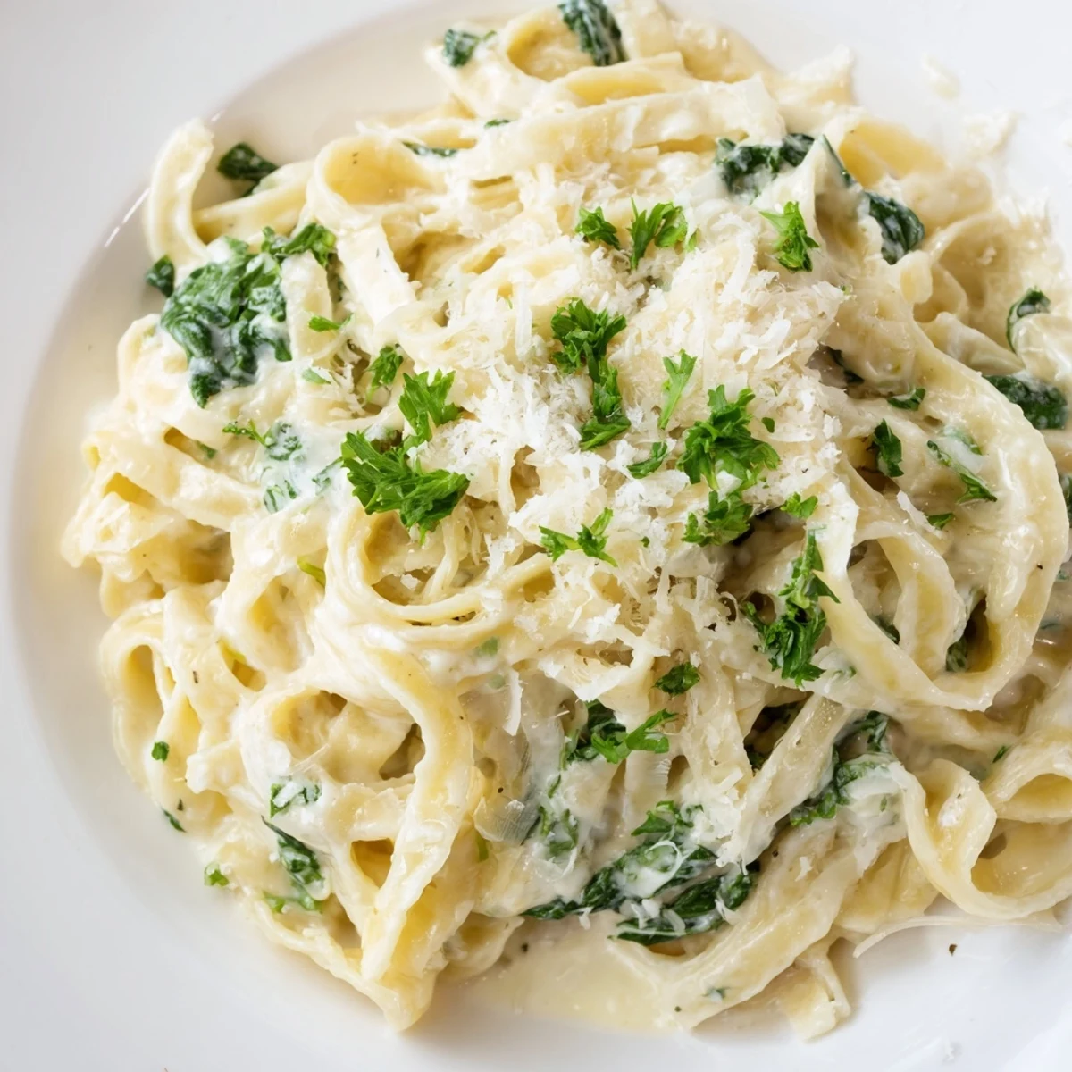 A bowl of creamy spinach fettuccine Alfredo, a rich and comforting Italian pasta dish.