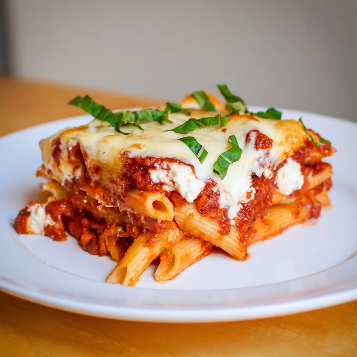 Golden, bubbly Cheesy Baked Ziti fresh from the oven, showing melted cheese and pasta.