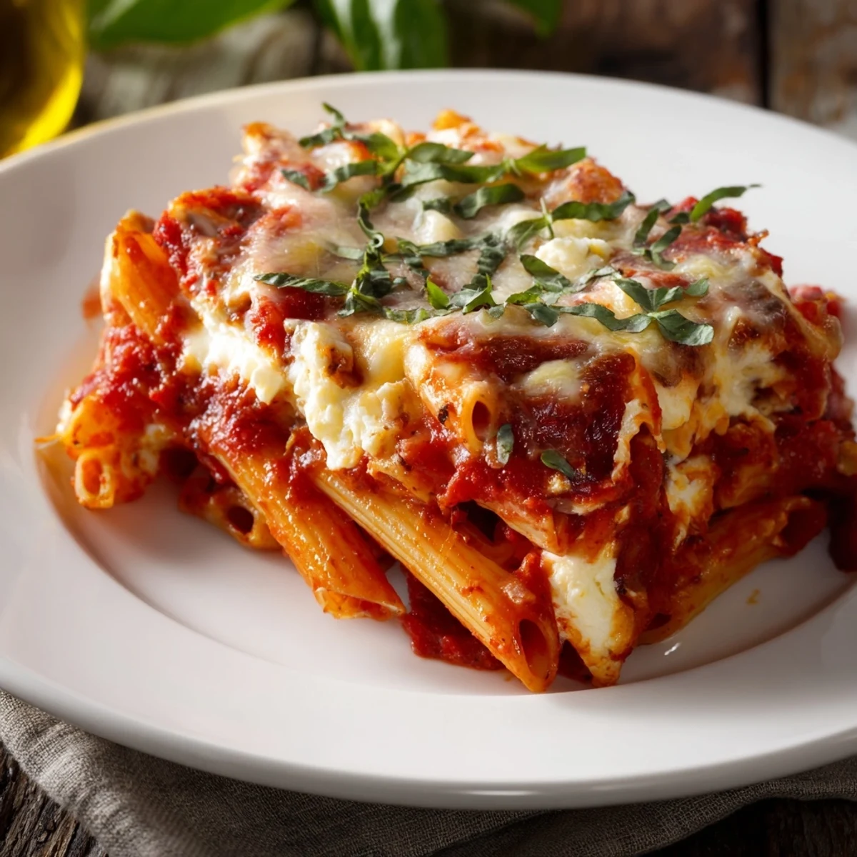 Hearty Cheesy Baked Ziti, a comforting Italian-American classic, ready for serving with basil.