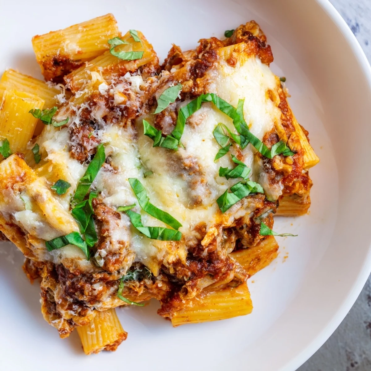 Warm Four Cheese Baked Pasta, bubbling and golden with a layer of melted mozzarella.