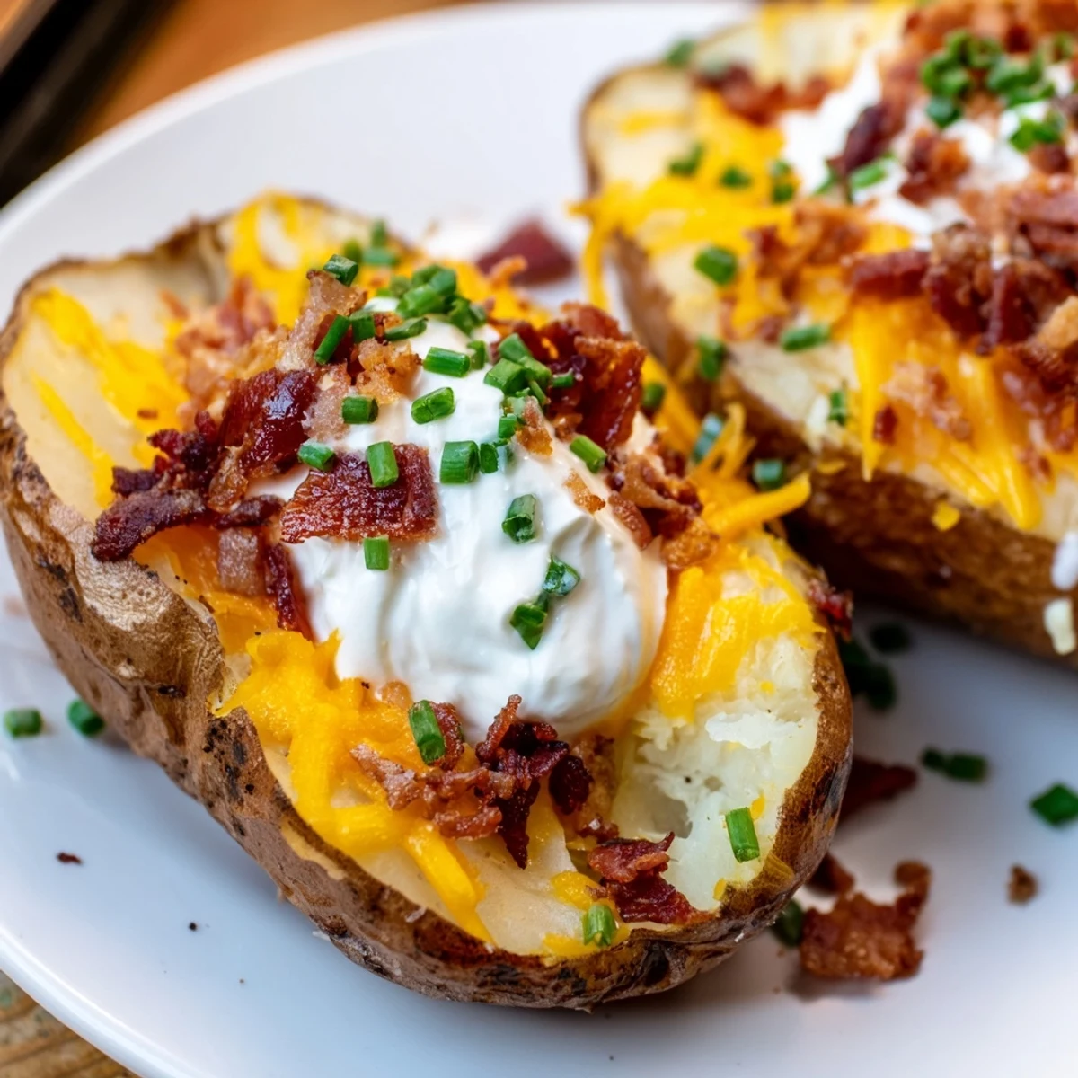 Golden, crispy Loaded Baked Potato Skins, generously topped with melted cheese and smoky bacon.