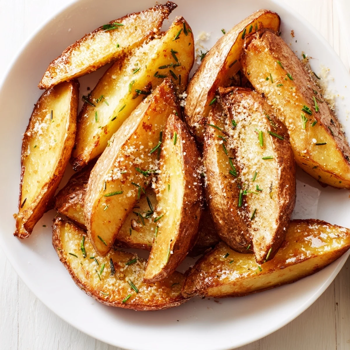 Golden-brown Rosemary Parmesan Potato Wedges, ready to serve with Parmesan cheese sprinkled on top.