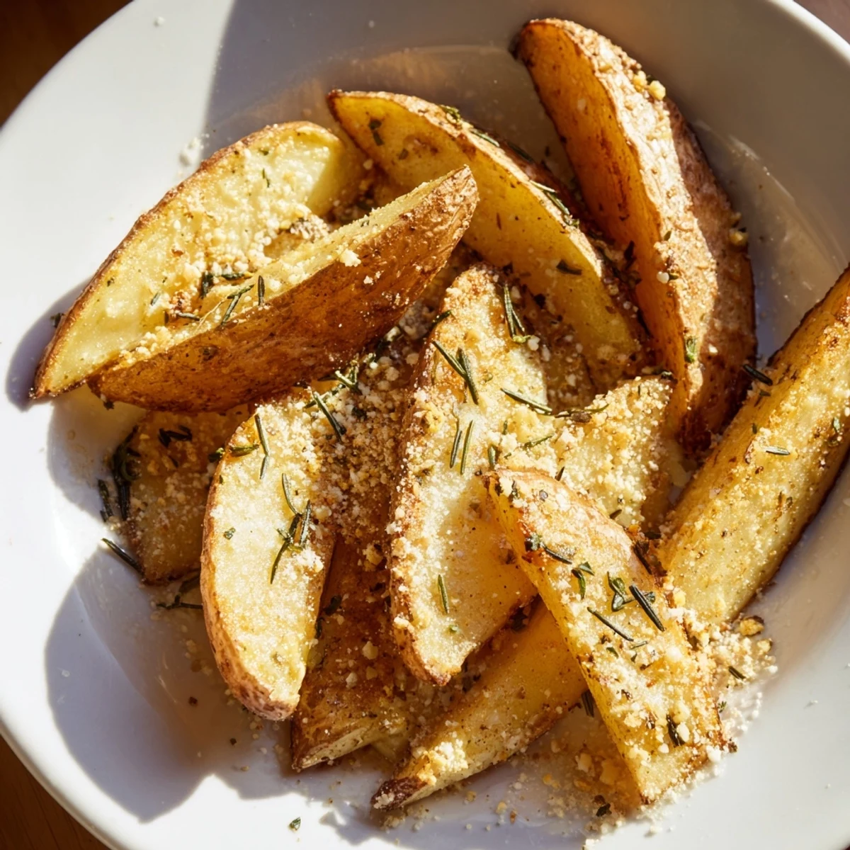 Perfectly crispy Rosemary Parmesan Potato Wedges, straight from the oven, offering savory aromas.