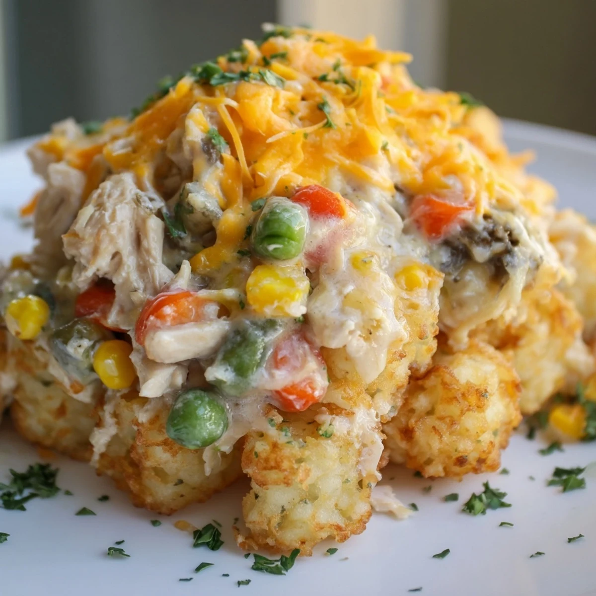 Golden, bubbly Crispy Tater Tot Casserole, a delightful family meal with crispy tots and cheesy topping.