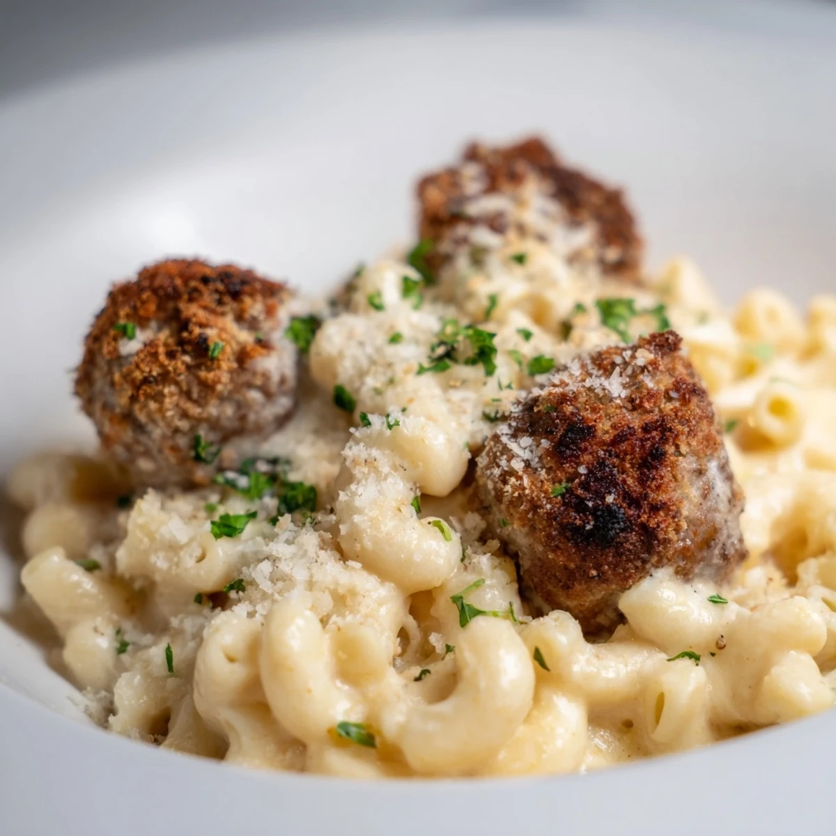 This Mac & Cheese Meatball Bake shows tender meatballs nestled in creamy cheese and pasta.