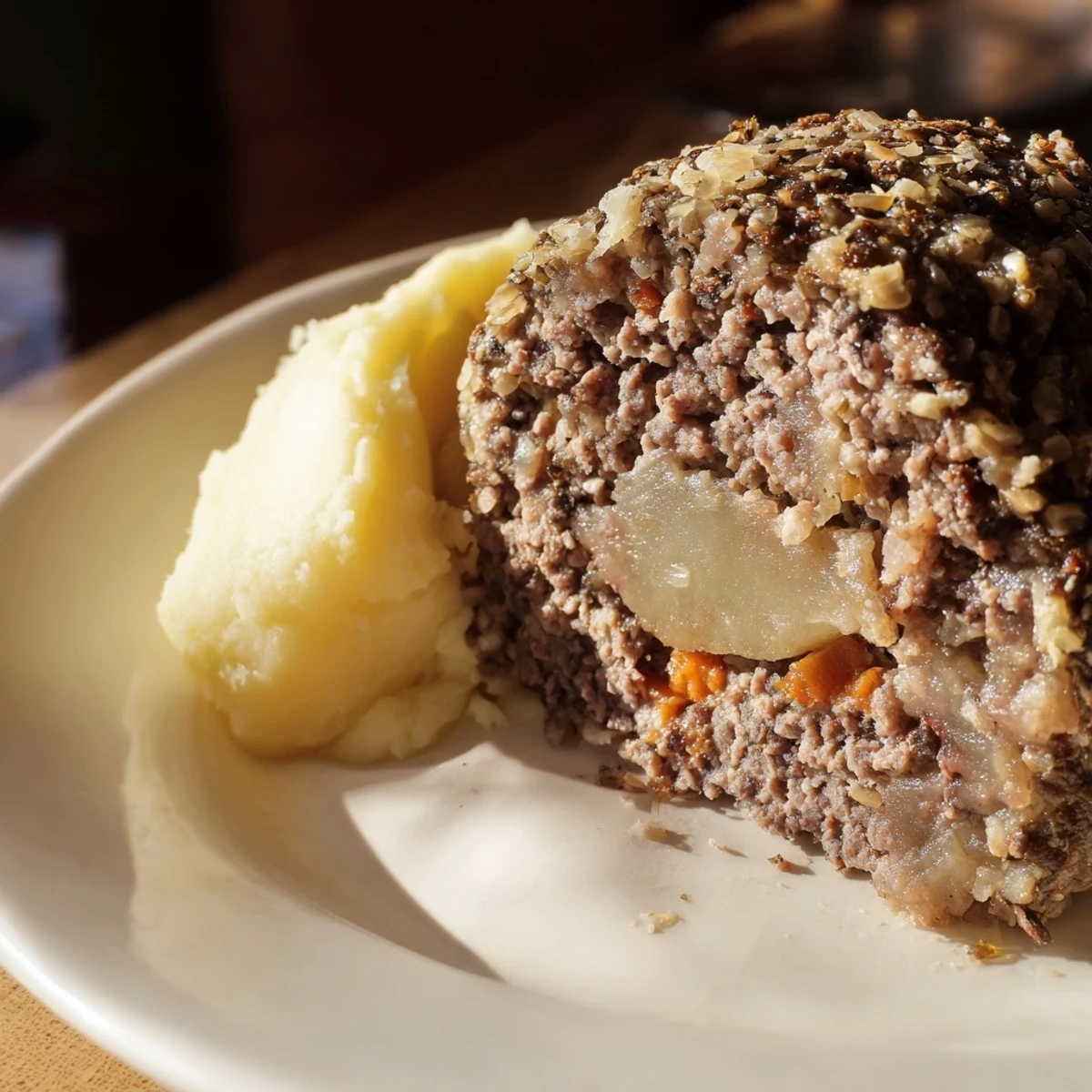 Steaming Scottish haggis, savory and spiced, served with creamy mashed turnips and potatoes.