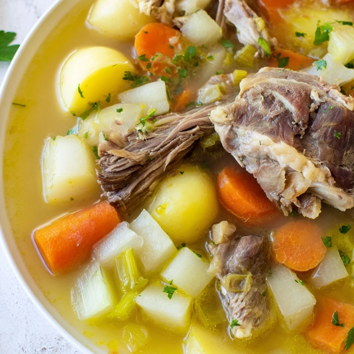 This rustic Welsh Cawl showcases savory lamb, perfectly simmered with fresh herbs, ready to serve.