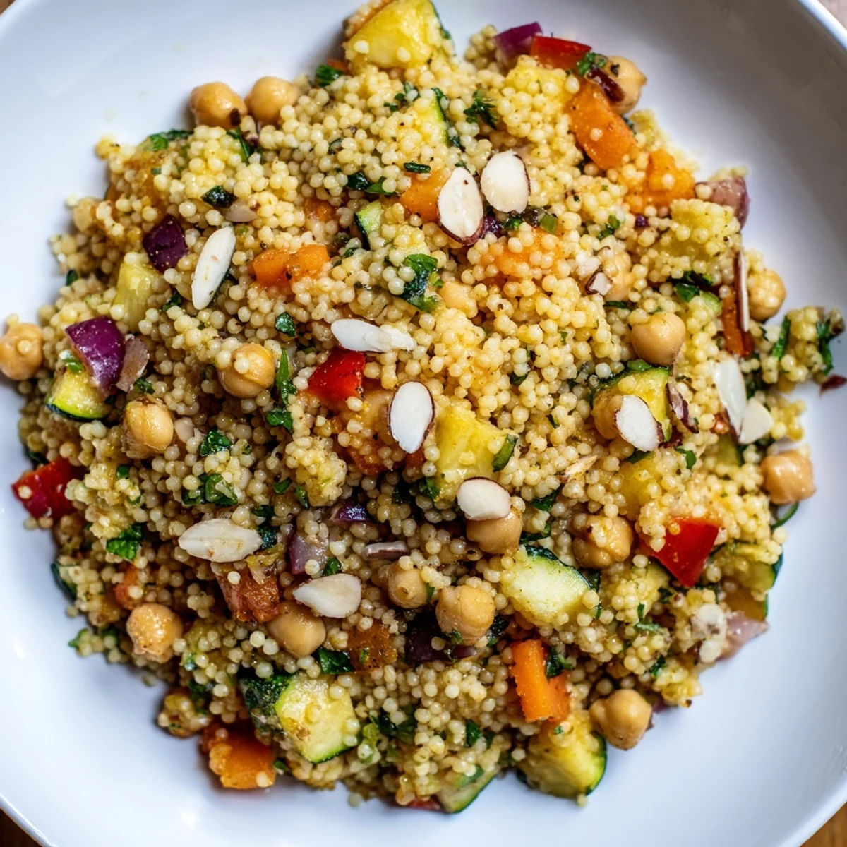 Fluffy Moroccan couscous salad with colorful roasted vegetables and fresh herbs, ready to serve.