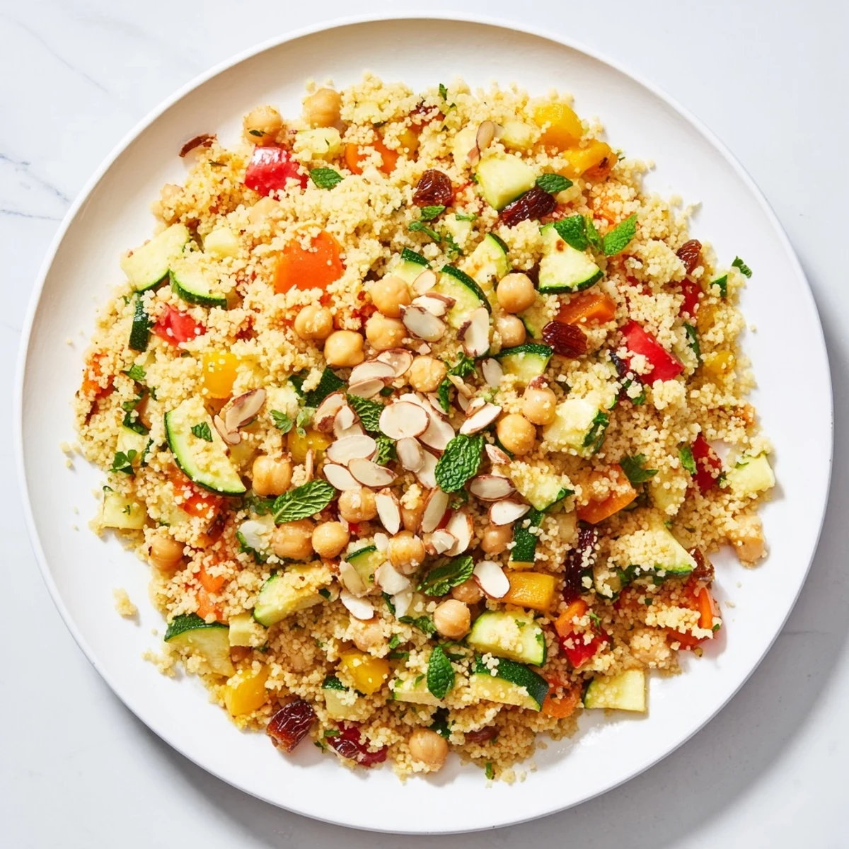 Close-up shot shows a delicious bowl of Moroccan couscous salad, ready for eating.