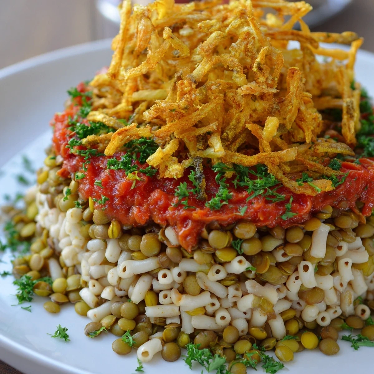 A delicious bowl of Egyptian Koshari, a flavorful mix of grains, lentils, and a vibrant tomato sauce.