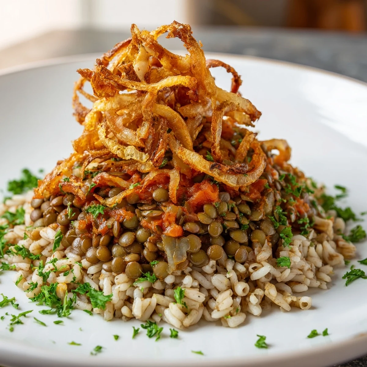 Hearty Egyptian Koshari recipe; imagine the layers of this vegan dish, ready to be enjoyed.