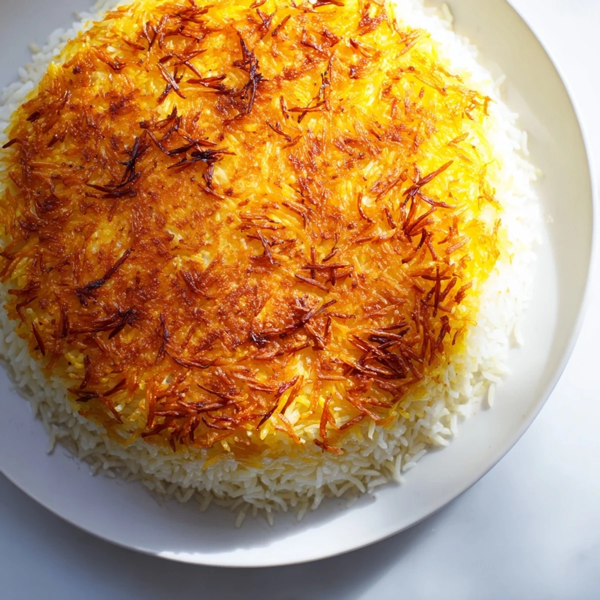 Golden, crispy Persian Tahdig rice with a caramelized crust ready to serve. 