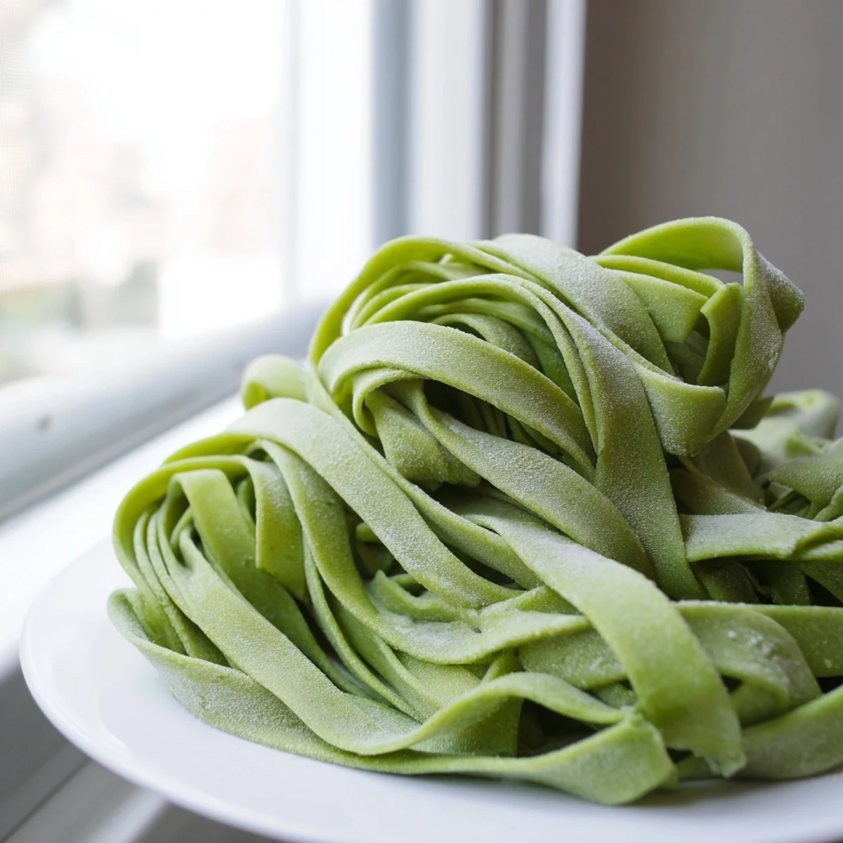 A vibrant green spinach pasta dough ball rests on a wooden board before rolling.  
