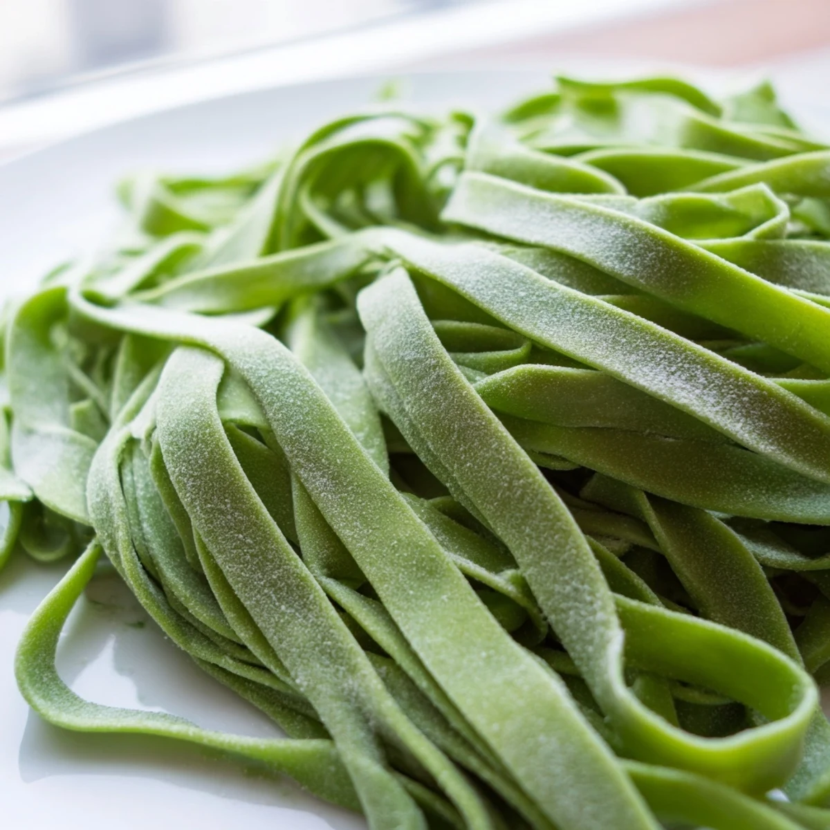 Homemade spinach pasta dough sheets are neatly stacked, perfect for ravioli or lasagna.