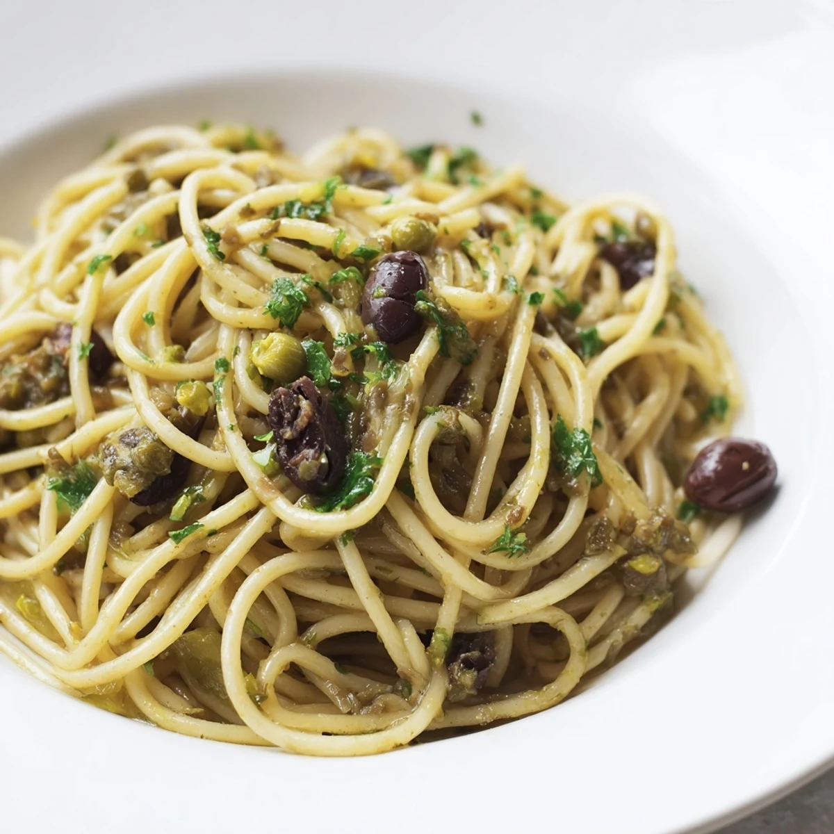 Overhead view of Olive Tapenade Pasta, highlighting the chunky olive and caper sauce clinging to linguine, ready for an easy, plant-based Mediterranean dinner.