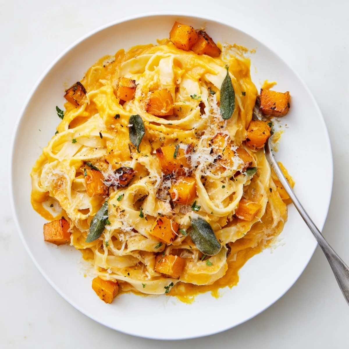 Creamy butternut squash pasta fettuccine in a velvety roasted sauce, garnished with fresh parsley on a rustic wooden table.
