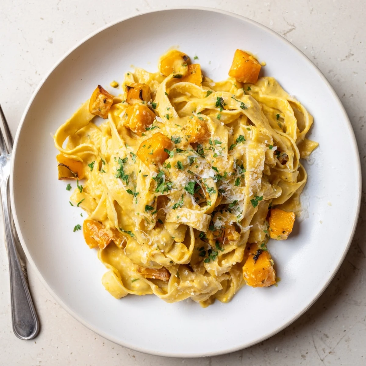 Warm butternut squash pasta bathed in a rich, golden roasted sauce, sprinkled with grated Parmesan and fresh sage for fall flavor.