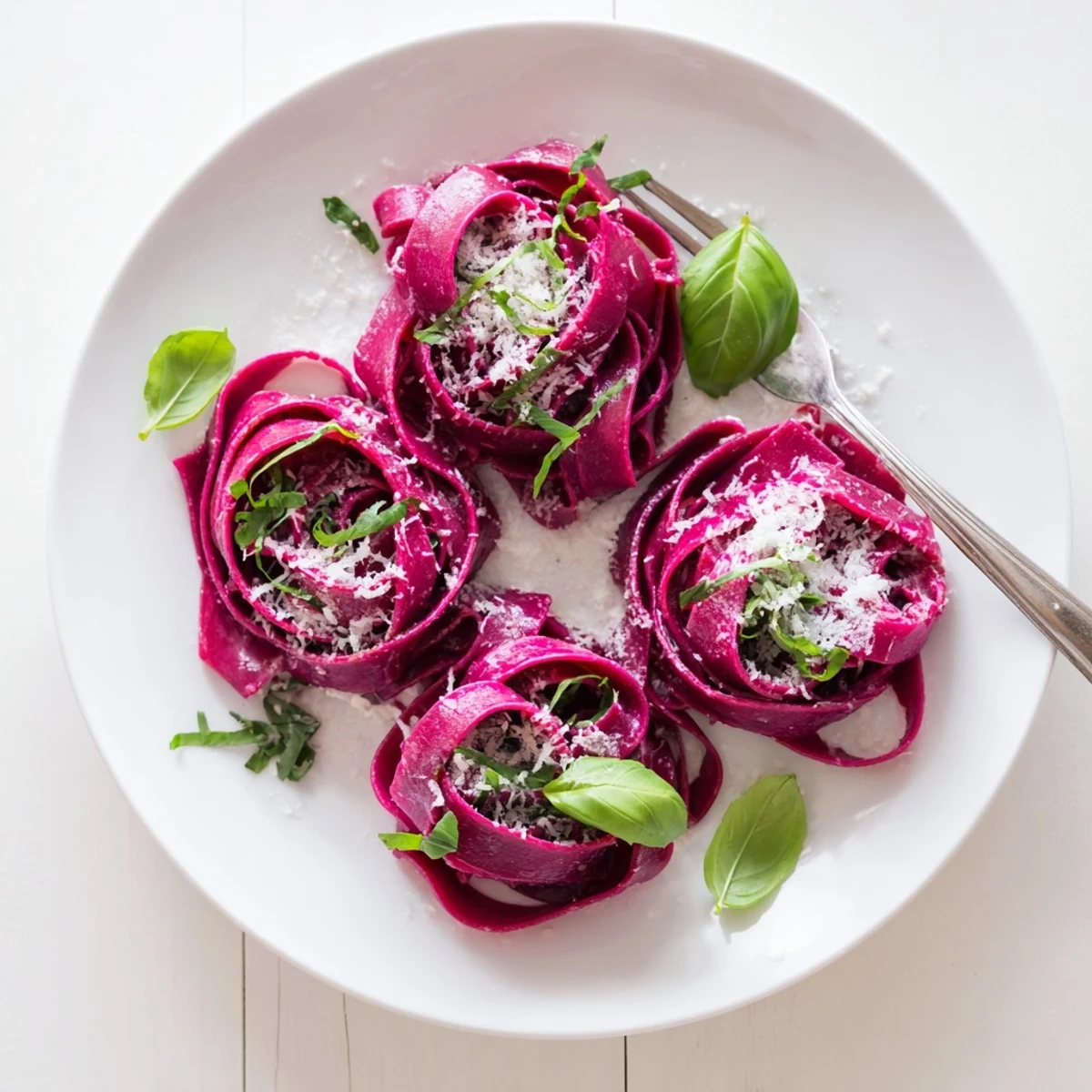 Brightly colored magenta beet noodles tossed in brown butter, garnished with fresh parsley and shaved Parmesan on a rustic plate.  