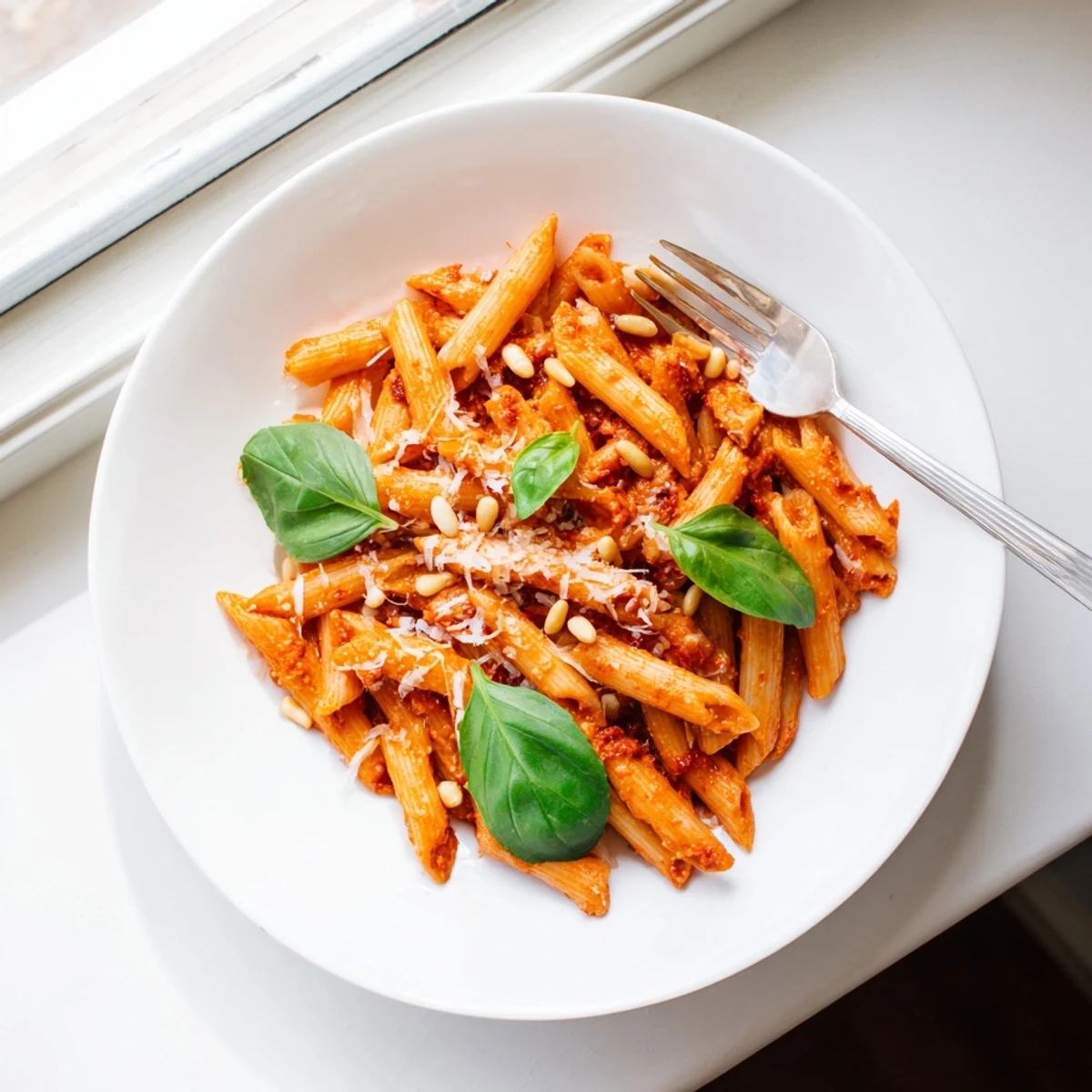 Freshly cooked pasta is tossed in a vibrant homemade sun-dried tomato pesto, garnished with basil and Parmesan for a quick weeknight Italian meal.  