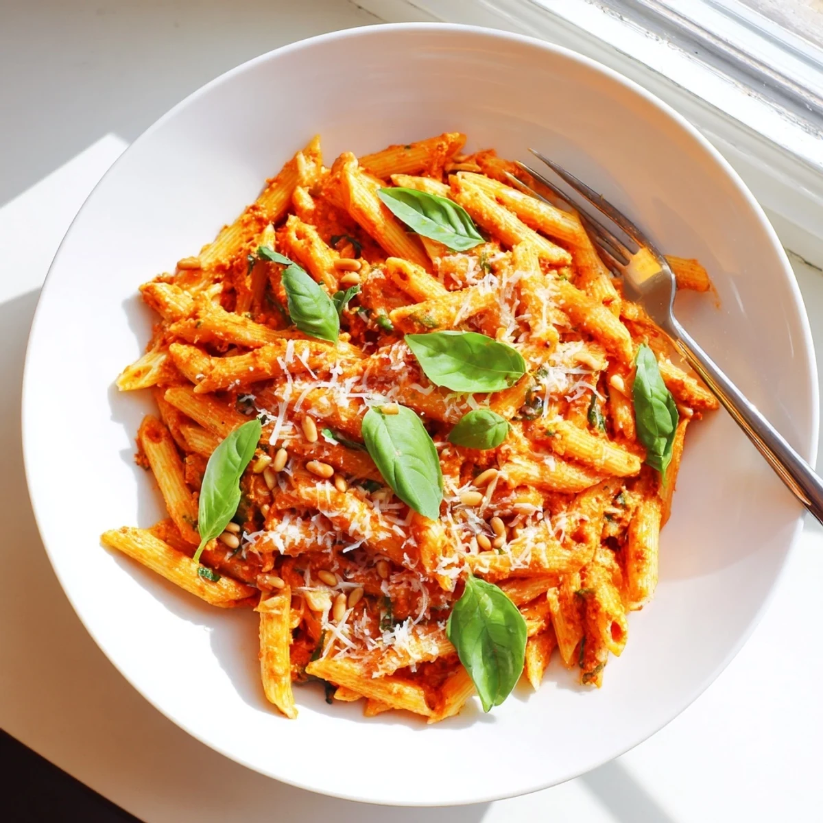 Savory sun-dried tomato pesto pasta served in a rustic bowl, garnished with fresh basil leaves and a sprinkle of grated Parmesan cheese.