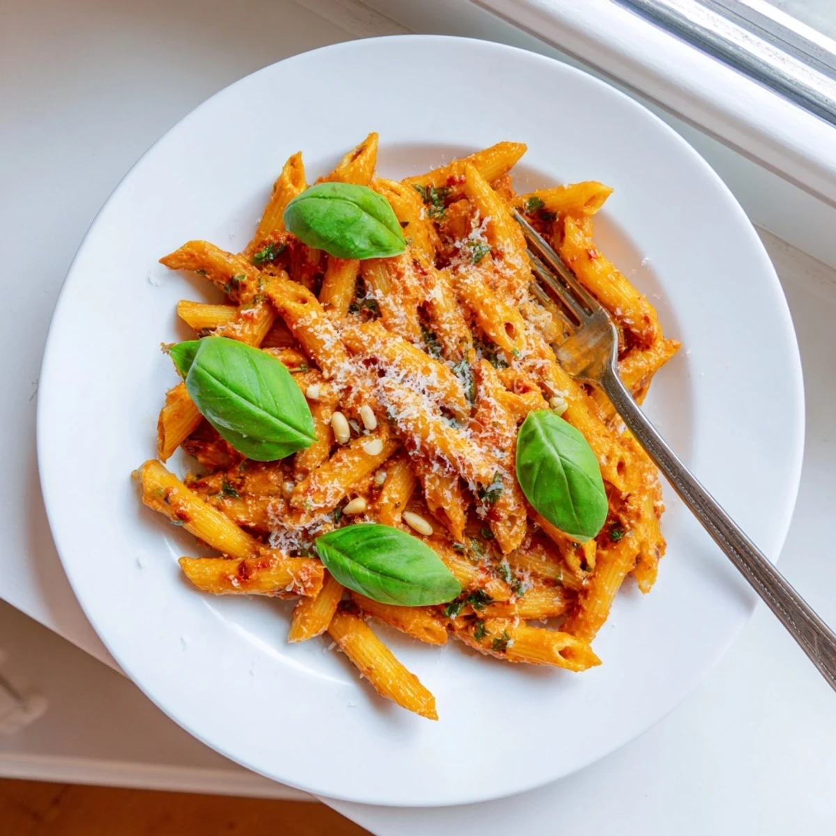 A close-up of al dente penne pasta coated in a rich, oily sun-dried tomato pesto, highlighting the deep red sauce and toasted pine nuts.  