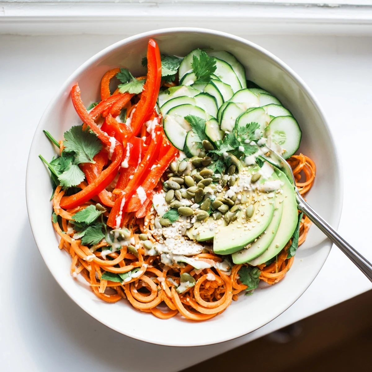Vibrant Carrot Noodle Skincare Bowl topped with creamy avocado and crisp red bell peppers, ready to serve.
