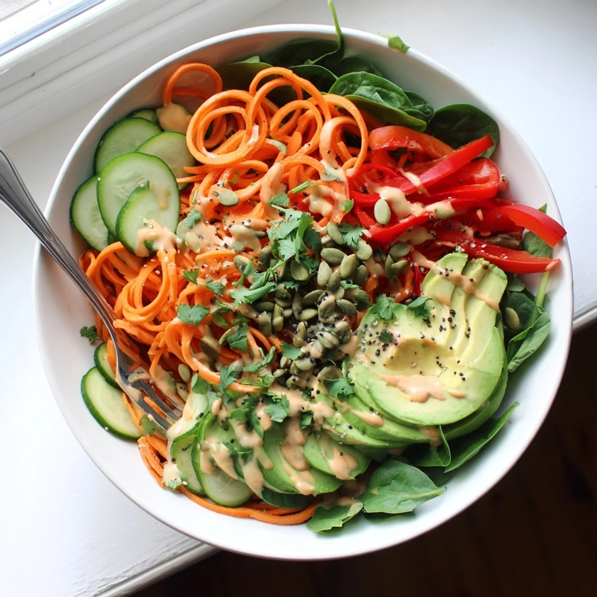 Gluten-free Carrot Noodle Skincare Bowl featuring spiralized carrots and baby spinach, garnished with fresh cilantro.