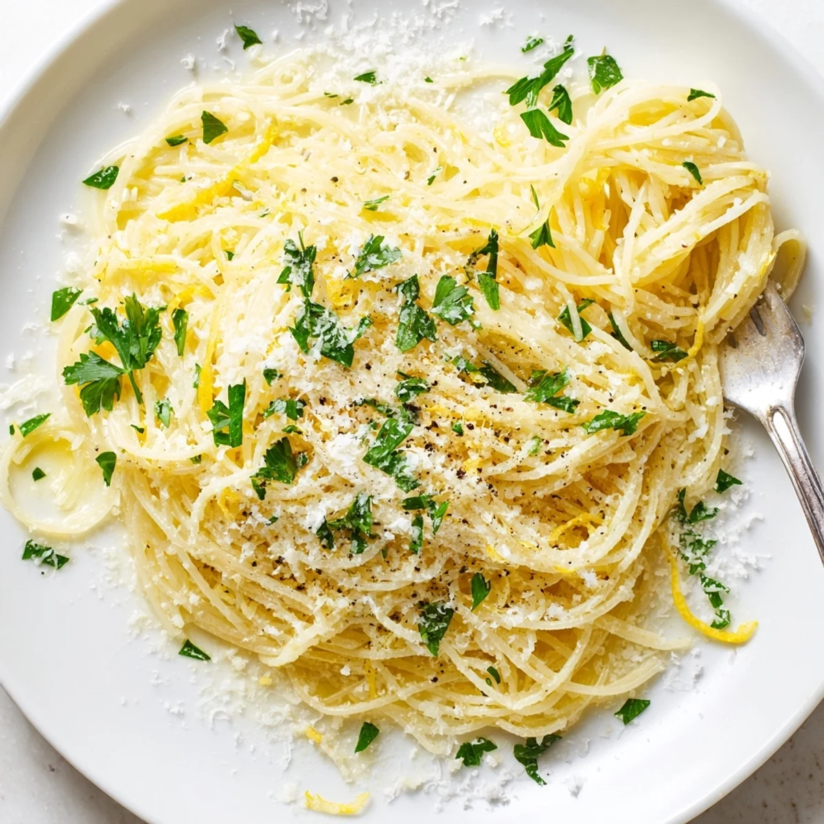 Steaming capellini strands tossed in a glossy lemon butter sauce with fresh parsley and Parmesan.