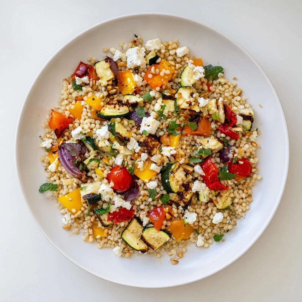 Vibrant roasted vegetable couscous salad with zesty lemon dressing and fresh herbs.