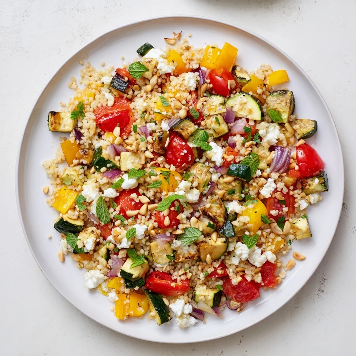 Crumbled feta and toasted pine nuts top this hearty couscous salad.