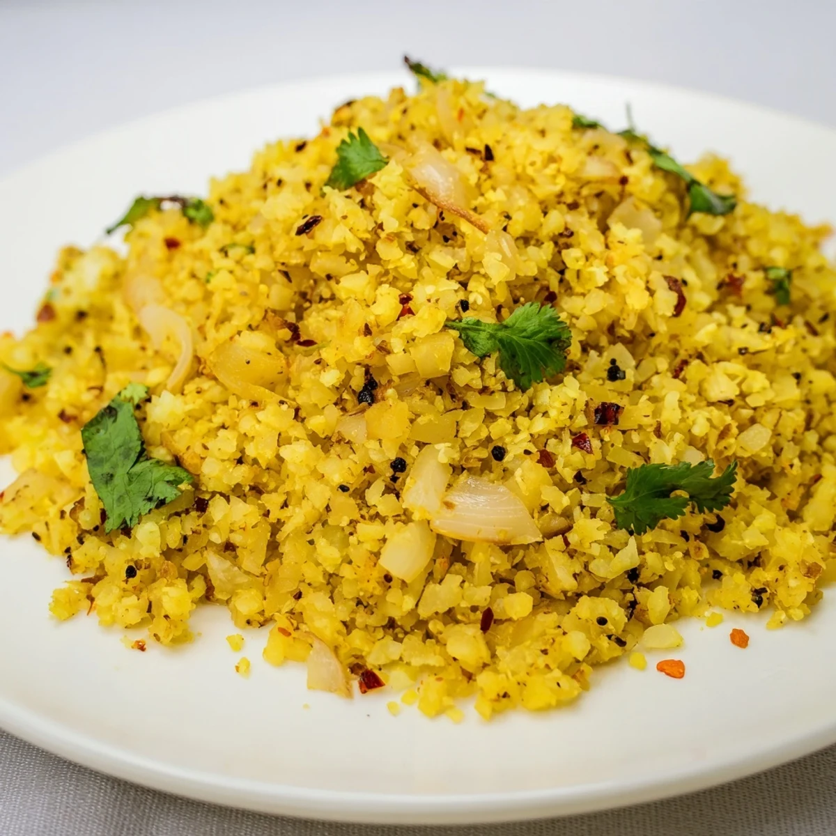 Fluffy, golden turmeric cauliflower rice cooked with onions, garlic, and fresh lemon, perfect alongside grilled chicken.