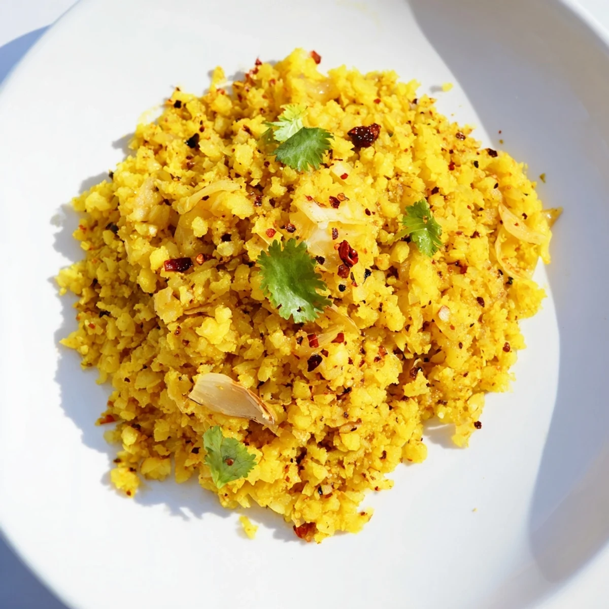 Steaming bowl of turmeric cauliflower rice speckled with herbs and chili flakes, a colorful low-carb side.