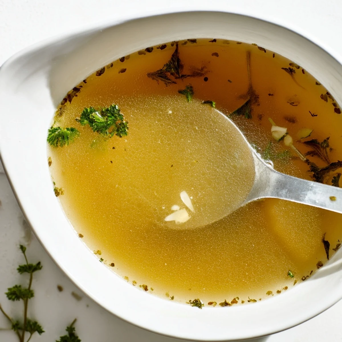 A clear, golden Vegetable Broth From Scraps being strained into a glass jar, showcasing its vibrant, nourishing color.