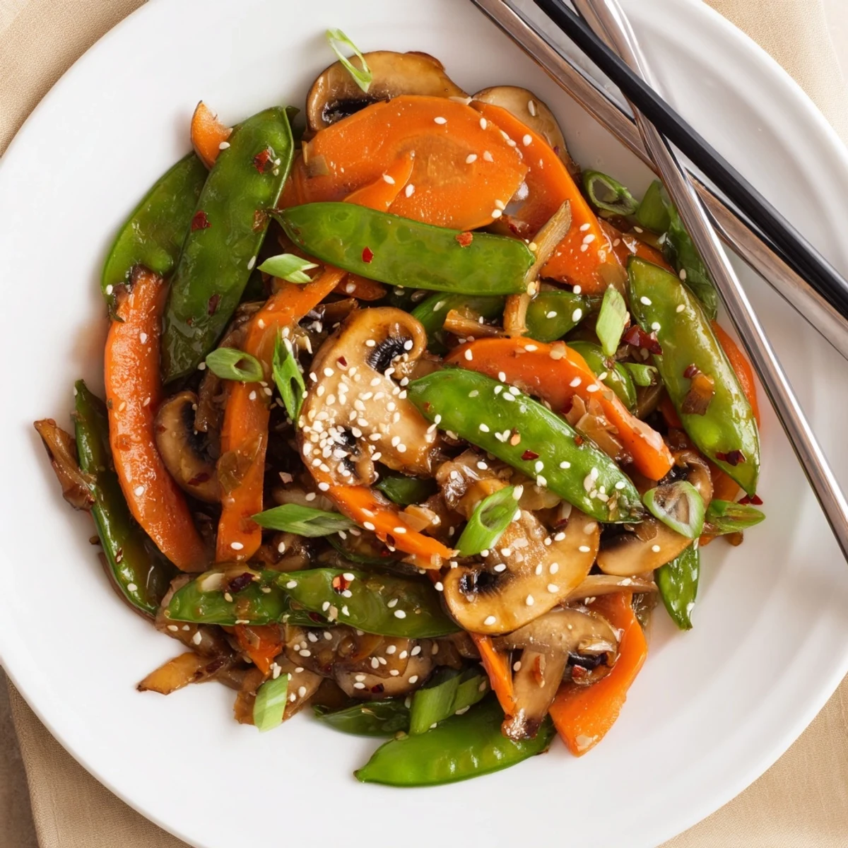 Vibrant stir-fried vegetables with snap peas and mushrooms, tossed in a savory ginger soy glaze for a quick vegan meal.